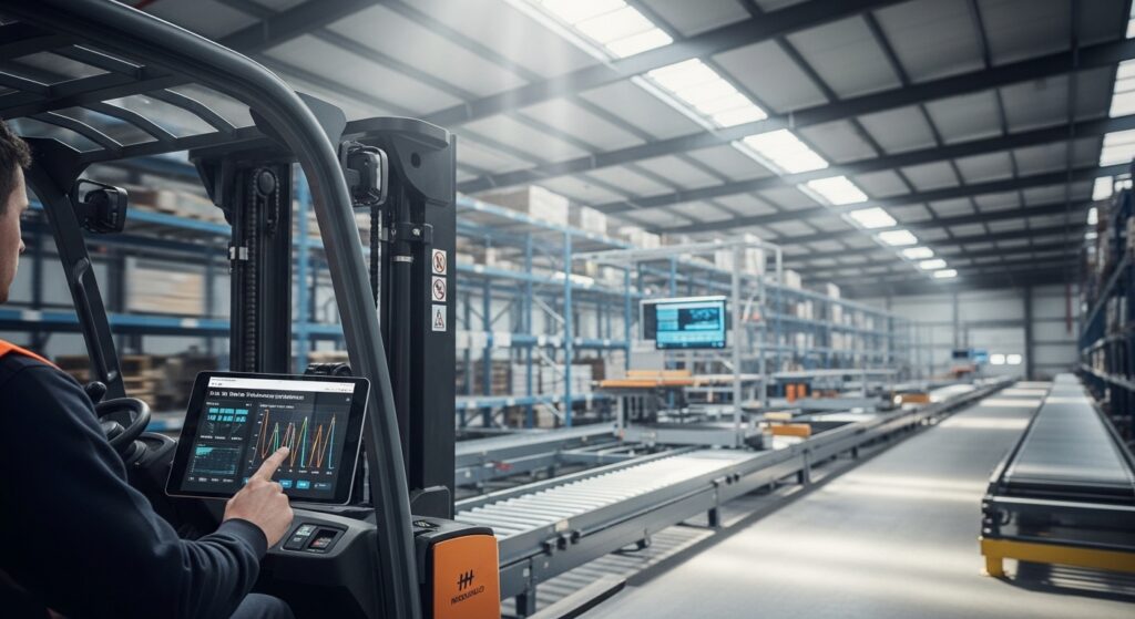 Empilhadeira conectada operando em armazém com tablet de telemetria