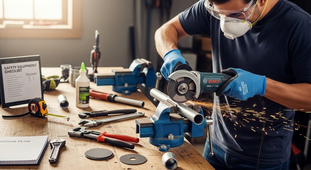 Morador usando esmerilhadeira Bosch em reparo doméstico com equipamentos de segurança