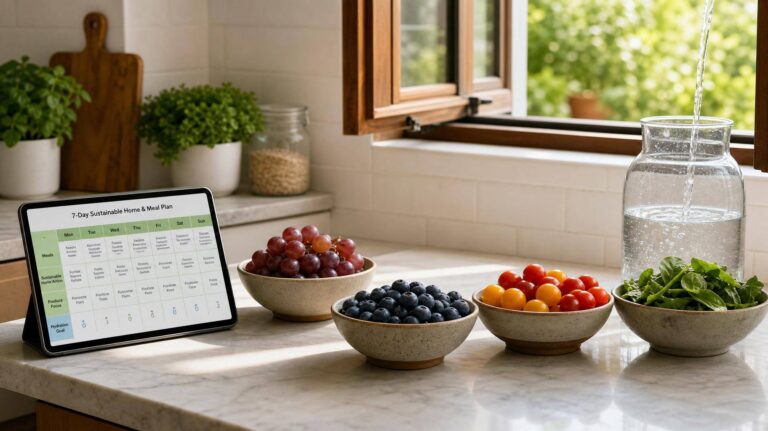 Bancada de cozinha iluminada com alimentos sazonais e plano sustentável